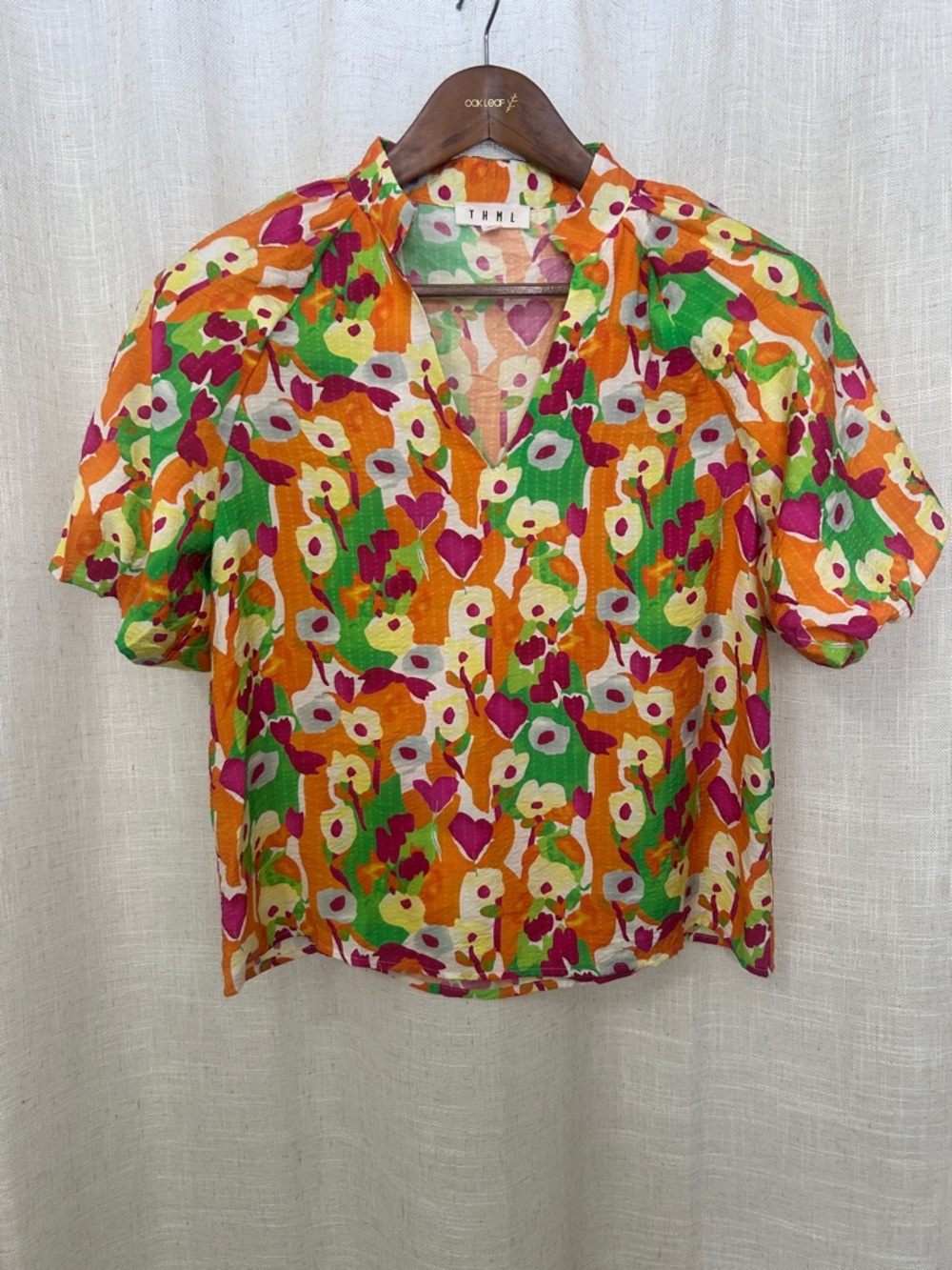 THML Multicolor Floral Popover Blouse in Orange, Green & Pink Size X-Small